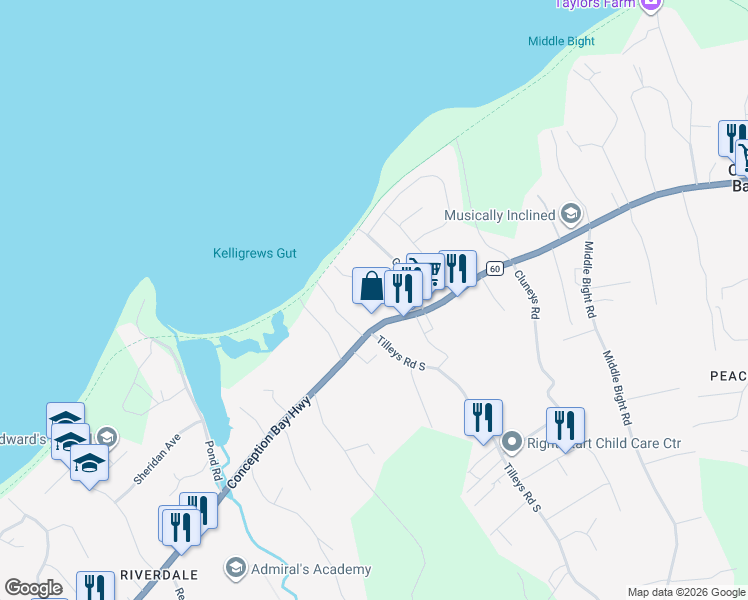 map of restaurants, bars, coffee shops, grocery stores, and more near 15 Marsh Road in Conception Bay South