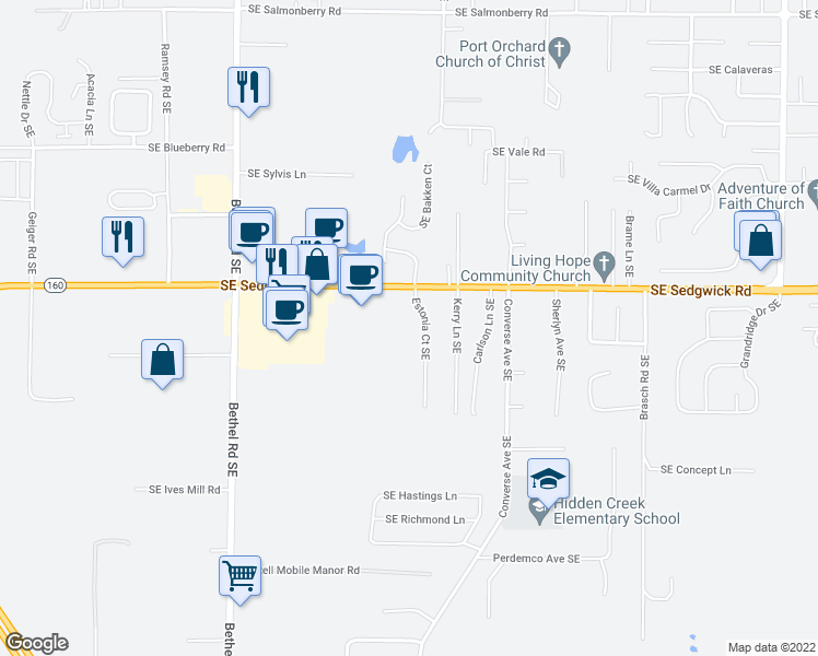 map of restaurants, bars, coffee shops, grocery stores, and more near 2198 Southeast Sedgwick Road in Port Orchard