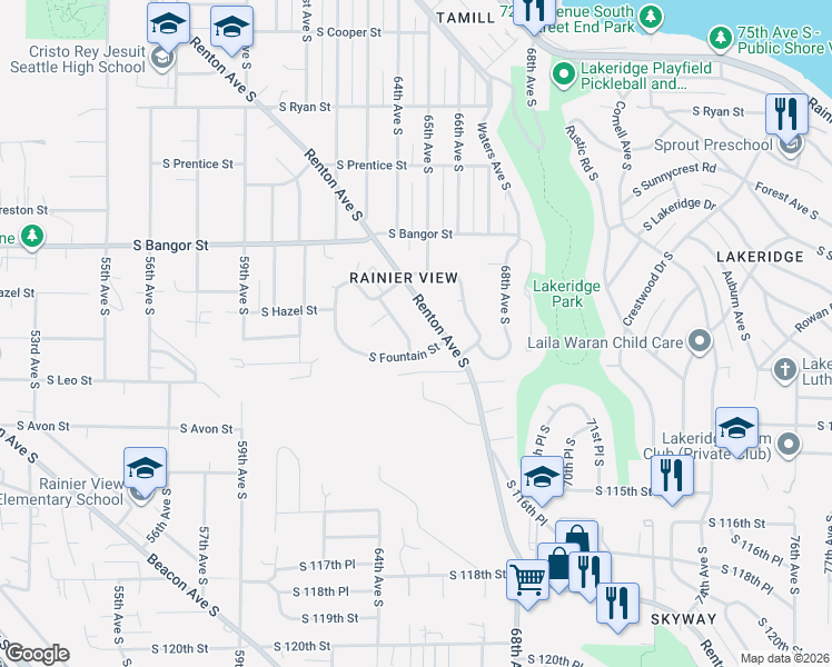 map of restaurants, bars, coffee shops, grocery stores, and more near 6300 South Fountain Street in Seattle