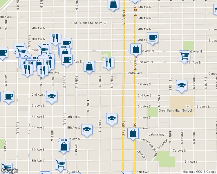 map of restaurants, bars, coffee shops, grocery stores, and more near 111 13th Street South in Great Falls