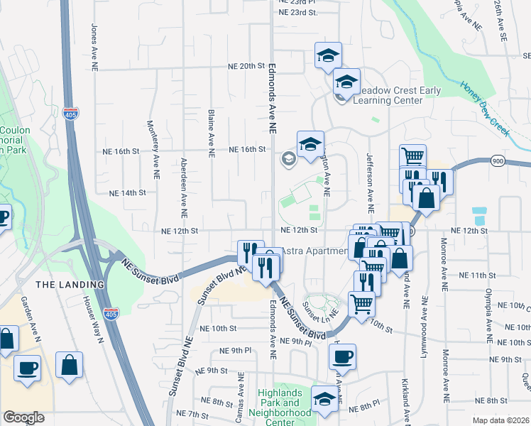 map of restaurants, bars, coffee shops, grocery stores, and more near 2435 Northeast 13th Street in Renton