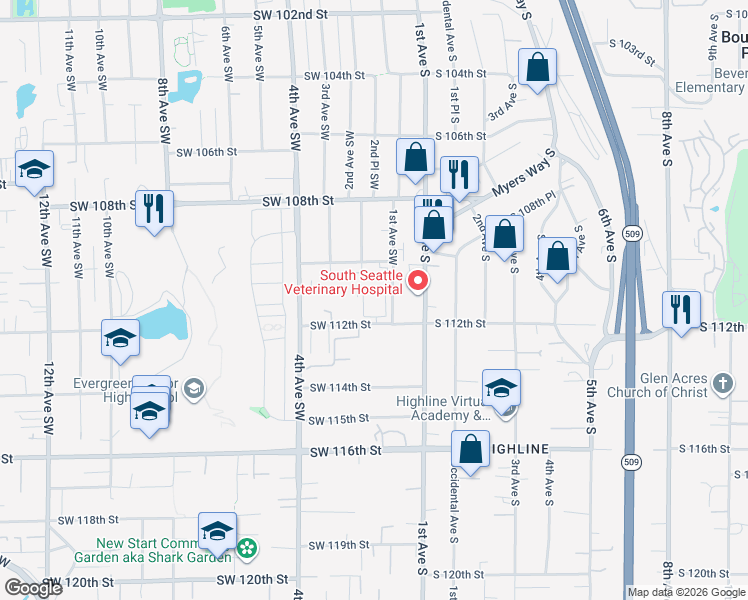map of restaurants, bars, coffee shops, grocery stores, and more near 130 Southwest 112th Street in Seattle