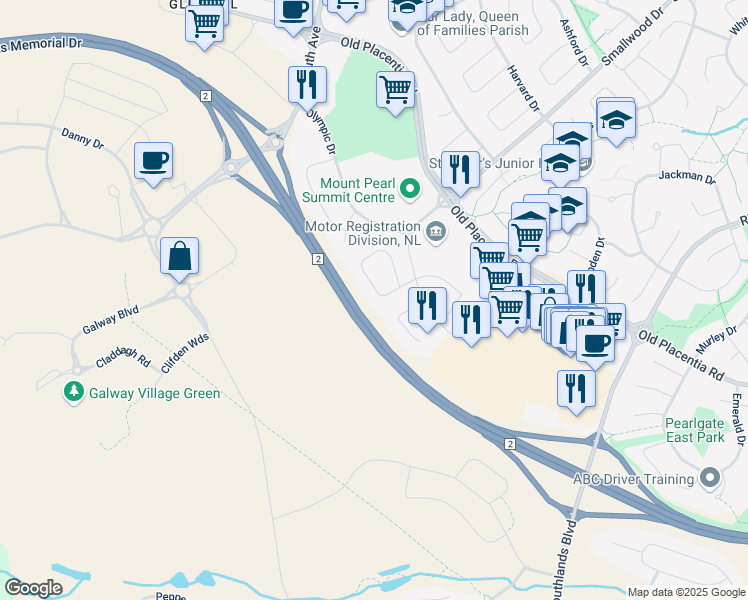 map of restaurants, bars, coffee shops, grocery stores, and more near 27 Stojko Place in Mount Pearl