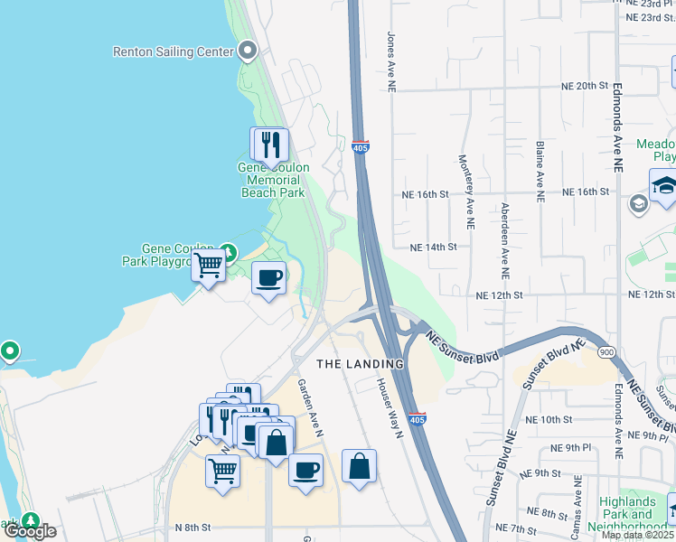 map of restaurants, bars, coffee shops, grocery stores, and more near 1300 Lake Washington Boulevard North in Renton