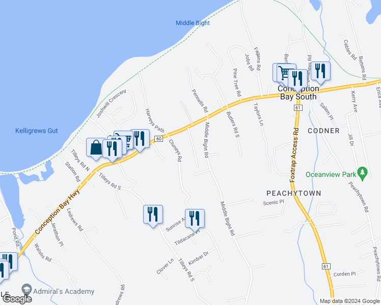 map of restaurants, bars, coffee shops, grocery stores, and more near 18 Woodgrove Acres in Conception Bay South