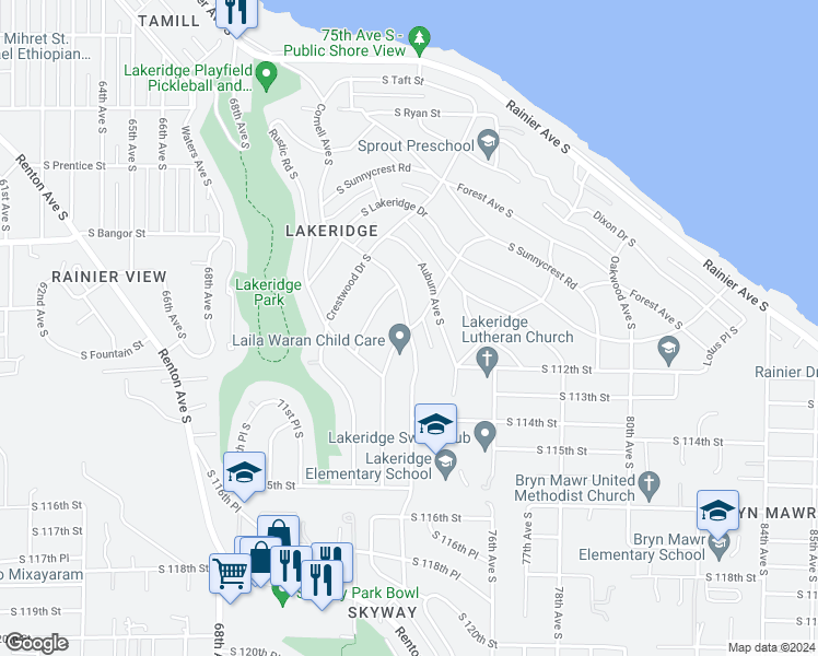 map of restaurants, bars, coffee shops, grocery stores, and more near Cornell Ave S & Woodley Ave S in Bryn Mawr-Skyway