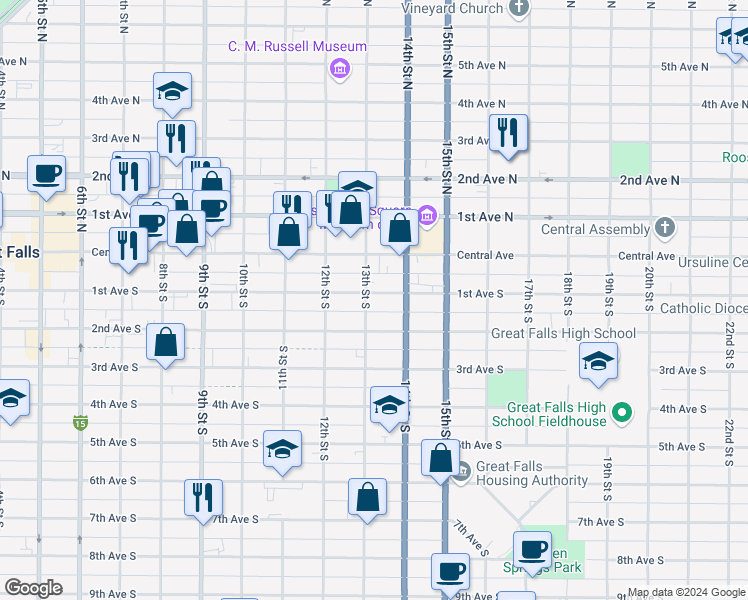 map of restaurants, bars, coffee shops, grocery stores, and more near 1302 1st Avenue South in Great Falls