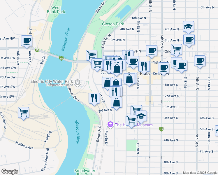 map of restaurants, bars, coffee shops, grocery stores, and more near 110 2nd Street South in Great Falls
