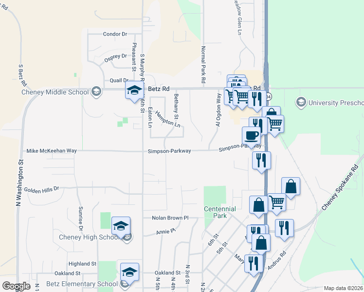 map of restaurants, bars, coffee shops, grocery stores, and more near 327 Simpson-Parkway in Cheney