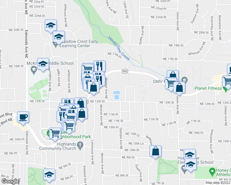 map of restaurants, bars, coffee shops, grocery stores, and more near 3410 Northeast 12th Street in Renton