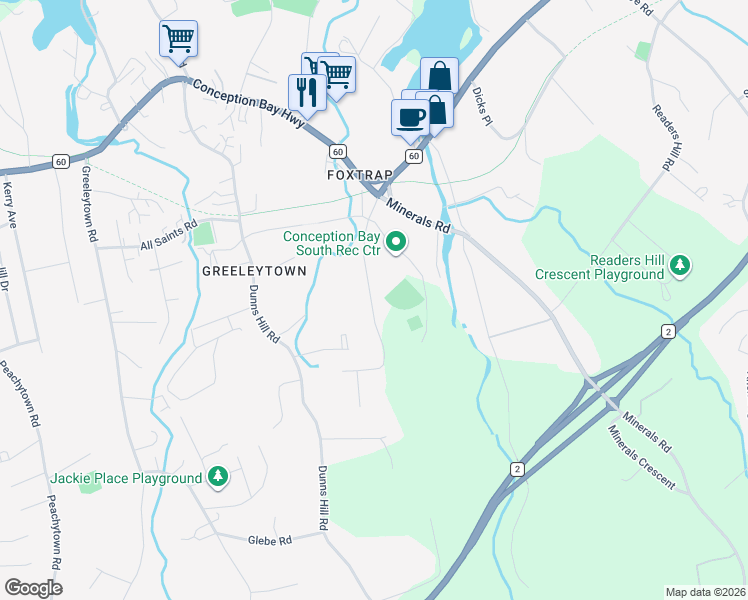 map of restaurants, bars, coffee shops, grocery stores, and more near 47 Rideouts Road in Conception Bay South