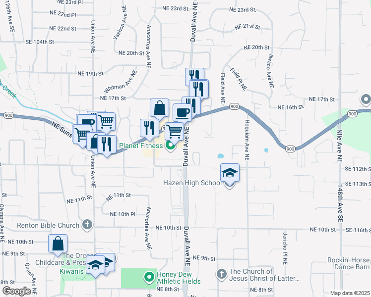 map of restaurants, bars, coffee shops, grocery stores, and more near 4621 Northeast Sunset Boulevard in Renton