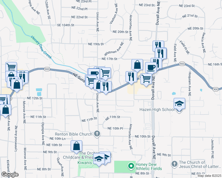 map of restaurants, bars, coffee shops, grocery stores, and more near 4308 Northeast Sunset Boulevard in Renton