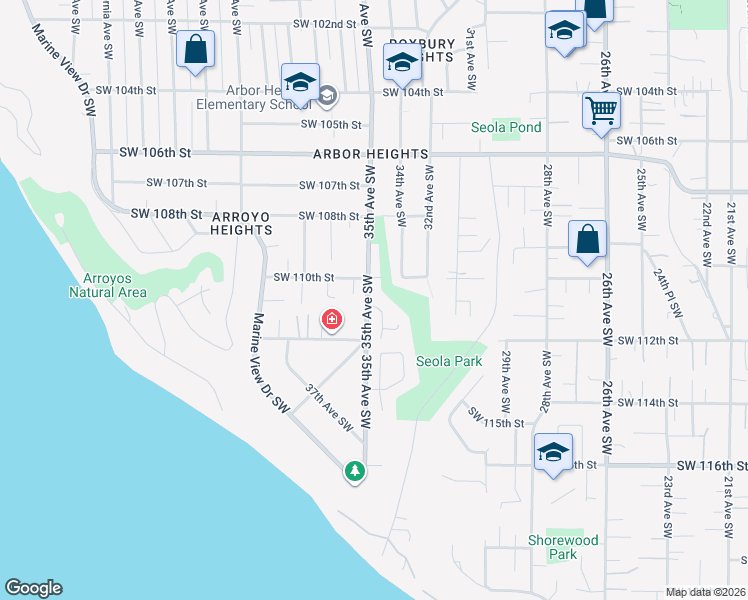 map of restaurants, bars, coffee shops, grocery stores, and more near 3460 Southwest 111th Street in Seattle