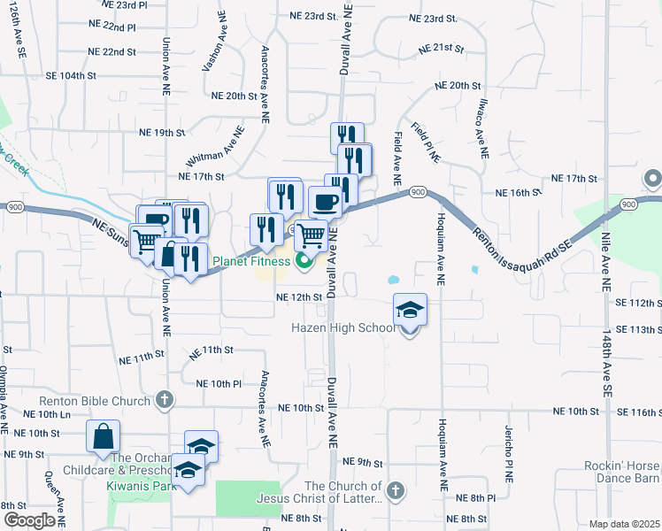 map of restaurants, bars, coffee shops, grocery stores, and more near 4621 Northeast Sunset Boulevard in Renton