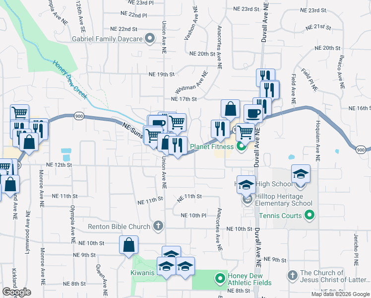 map of restaurants, bars, coffee shops, grocery stores, and more near in Renton