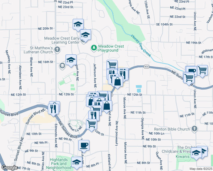 map of restaurants, bars, coffee shops, grocery stores, and more near 3116 Northeast Sunset Boulevard in Renton