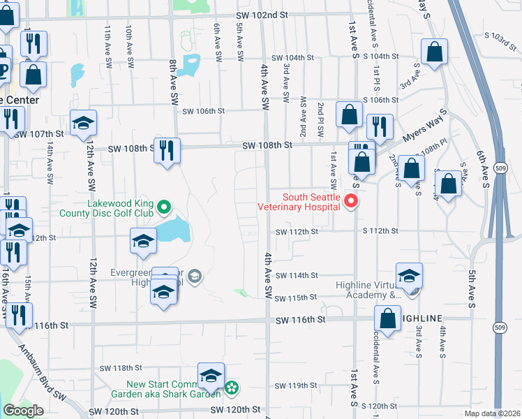 map of restaurants, bars, coffee shops, grocery stores, and more near 433 Southwest 111th Lane in Seattle