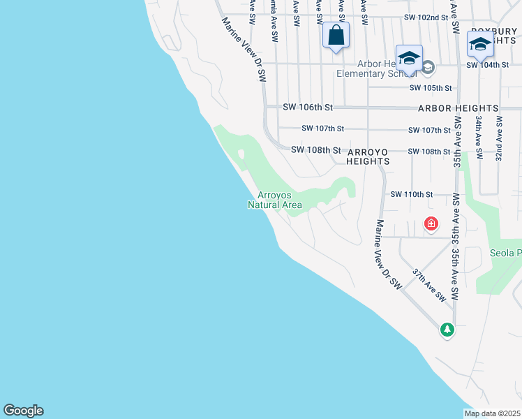 map of restaurants, bars, coffee shops, grocery stores, and more near 11033 Arroyo Beach Place Southwest in Seattle