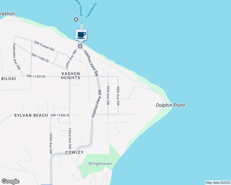 map of restaurants, bars, coffee shops, grocery stores, and more near 9730 Southwest Dolphin Point Road in Vashon