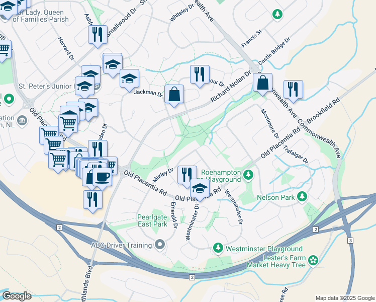 map of restaurants, bars, coffee shops, grocery stores, and more near 39 Murley Drive in Mount Pearl