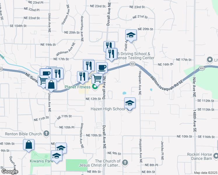 map of restaurants, bars, coffee shops, grocery stores, and more near 1332 Duvall Avenue Northeast in Renton