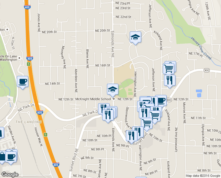 map of restaurants, bars, coffee shops, grocery stores, and more near 2435 Northeast 13th Street in Renton