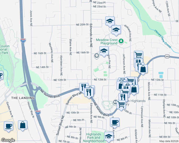 map of restaurants, bars, coffee shops, grocery stores, and more near 2435 Northeast 13th Street in Renton