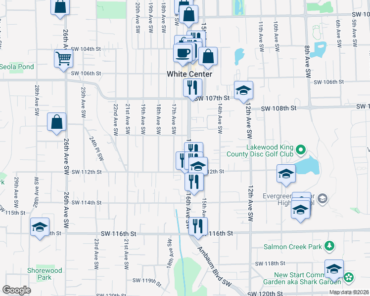 map of restaurants, bars, coffee shops, grocery stores, and more near in White Center