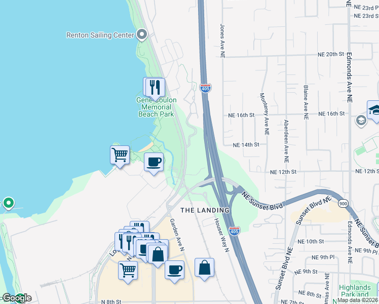 map of restaurants, bars, coffee shops, grocery stores, and more near 1200 Lake Washington Boulevard North in Renton