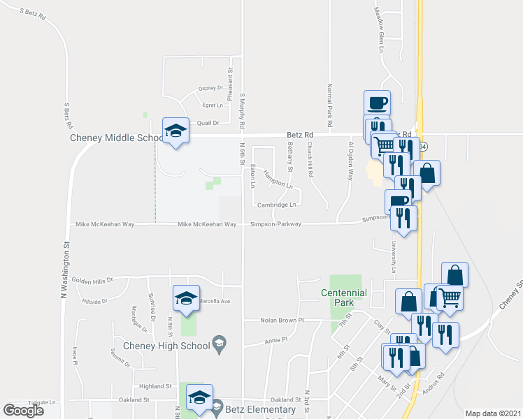map of restaurants, bars, coffee shops, grocery stores, and more near 510 Cambridge Lane in Cheney