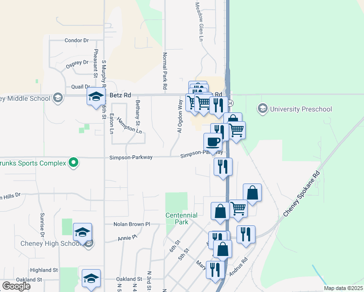 map of restaurants, bars, coffee shops, grocery stores, and more near 2525 Al Ogdon Way in Cheney