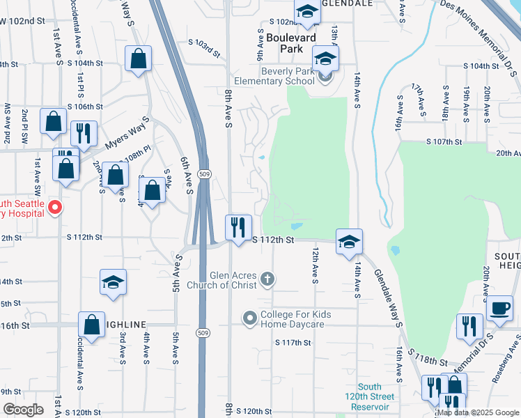 map of restaurants, bars, coffee shops, grocery stores, and more near 819 South 110th Place in Burien