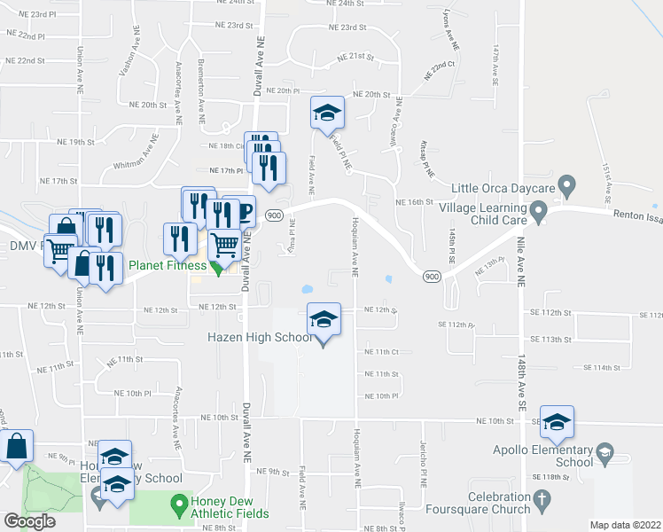 map of restaurants, bars, coffee shops, grocery stores, and more near 5004 Northeast 13th Place in Renton
