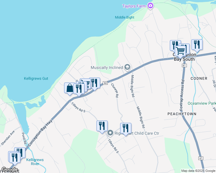 map of restaurants, bars, coffee shops, grocery stores, and more near 655 Conception Bay Highway in Conception Bay South