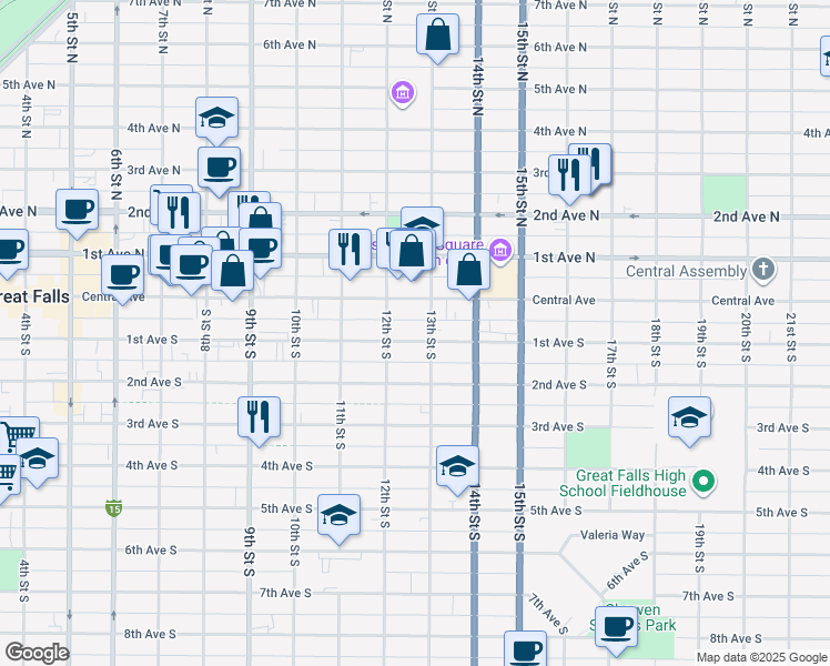 map of restaurants, bars, coffee shops, grocery stores, and more near 1-99 13th St S in Great Falls