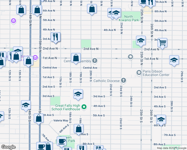 map of restaurants, bars, coffee shops, grocery stores, and more near 2005 1st Avenue South in Great Falls