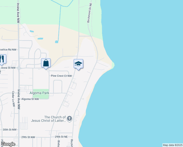 map of restaurants, bars, coffee shops, grocery stores, and more near Birchmont Drive Northeast in Bemidji