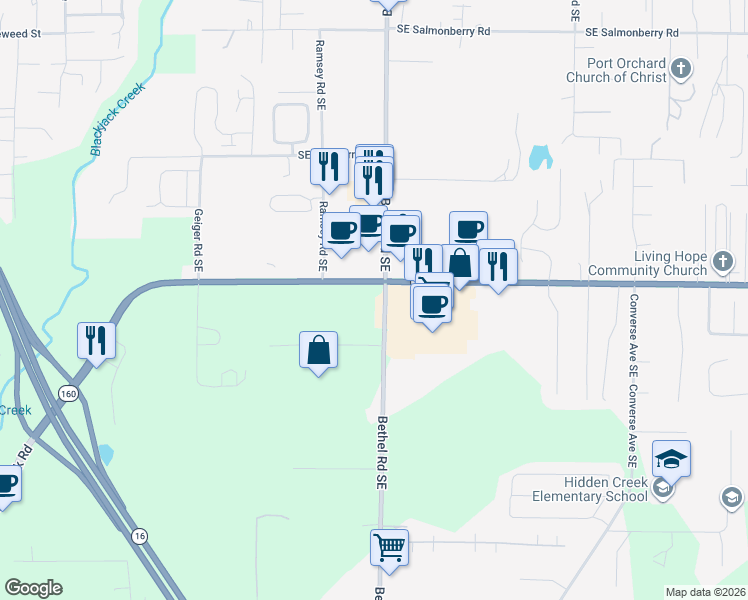 map of restaurants, bars, coffee shops, grocery stores, and more near 1516 Southeast Sedgwick Road in Port Orchard