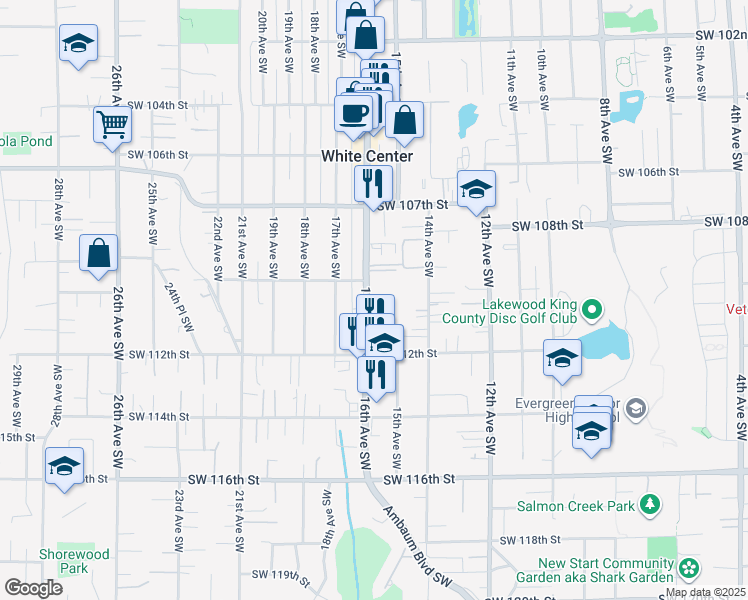 map of restaurants, bars, coffee shops, grocery stores, and more near 10790 16th Avenue Southwest in Seattle