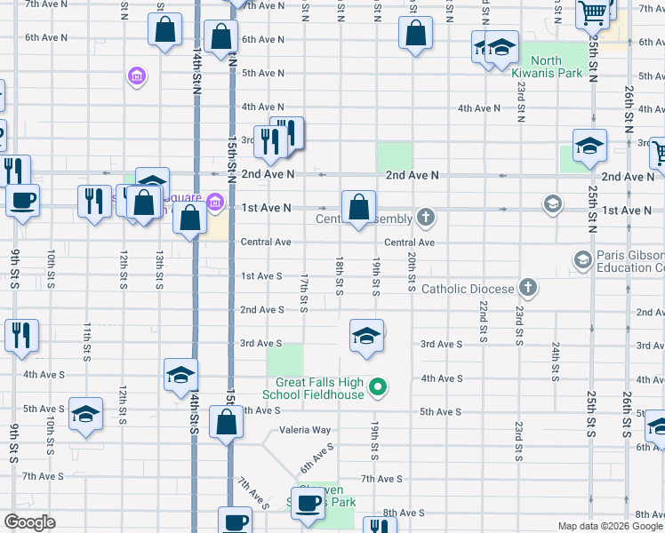 map of restaurants, bars, coffee shops, grocery stores, and more near 1708 Central Avenue in Great Falls