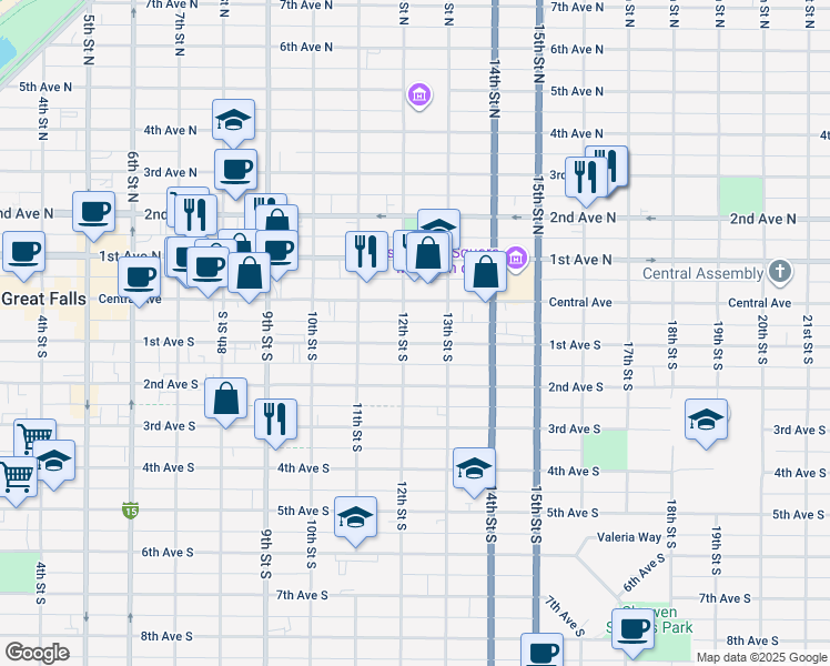 map of restaurants, bars, coffee shops, grocery stores, and more near 1126 Central Avenue in Great Falls