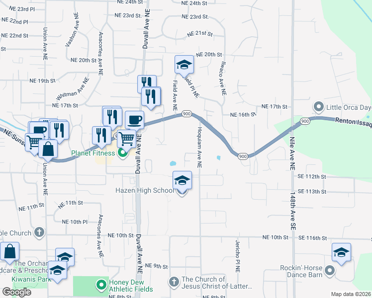 map of restaurants, bars, coffee shops, grocery stores, and more near 5004 Northeast 13th Place in Renton