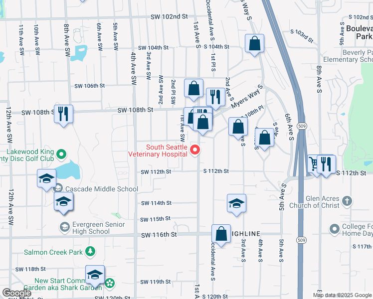 map of restaurants, bars, coffee shops, grocery stores, and more near 10861 1st Avenue South in Seattle