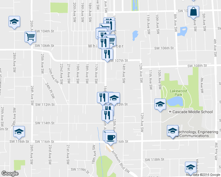map of restaurants, bars, coffee shops, grocery stores, and more near 10790 16th Avenue Southwest in Seattle