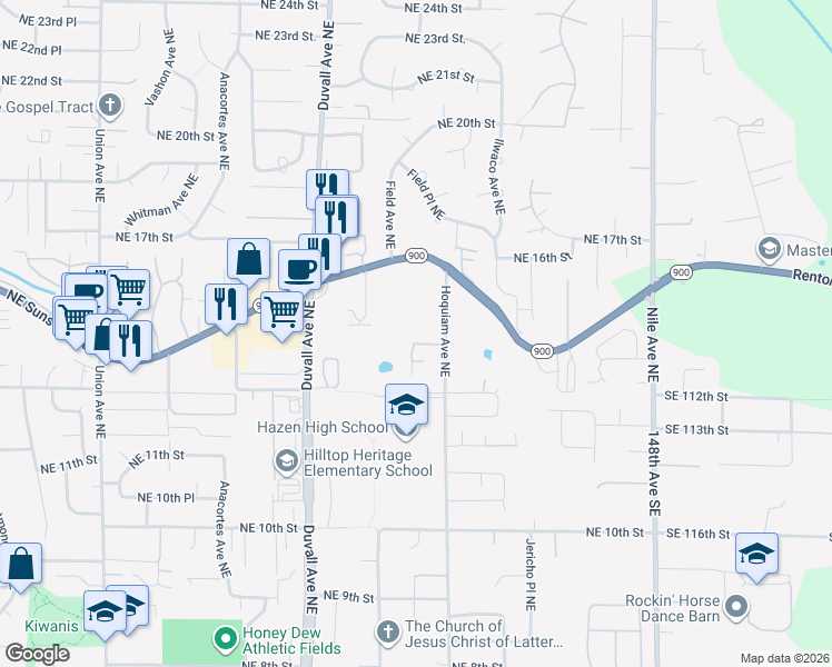 map of restaurants, bars, coffee shops, grocery stores, and more near 5004 Northeast 13th Place in Renton