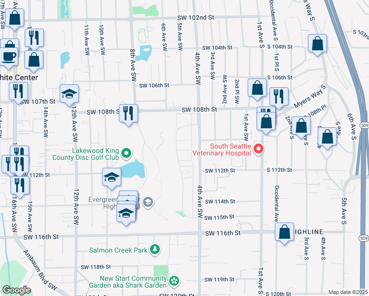map of restaurants, bars, coffee shops, grocery stores, and more near 446 Southwest 111th Street in Seattle