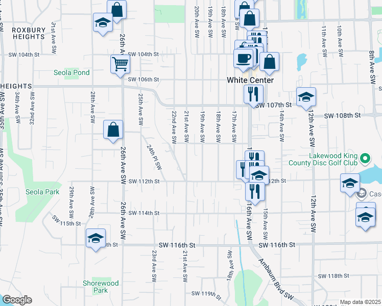 map of restaurants, bars, coffee shops, grocery stores, and more near 10769 19th Avenue Southwest in Seattle