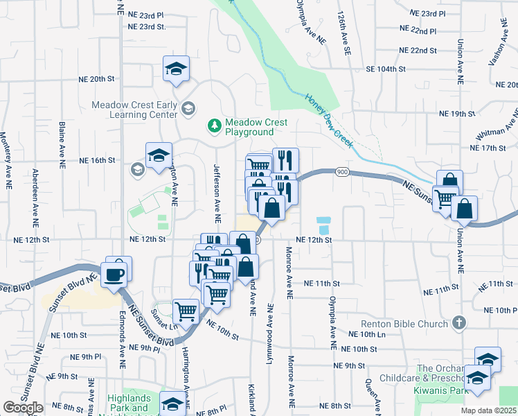 map of restaurants, bars, coffee shops, grocery stores, and more near 3192 Northeast Sunset Boulevard in Renton