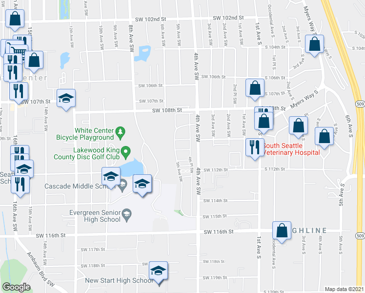 map of restaurants, bars, coffee shops, grocery stores, and more near 446 Southwest 111th Street in Seattle